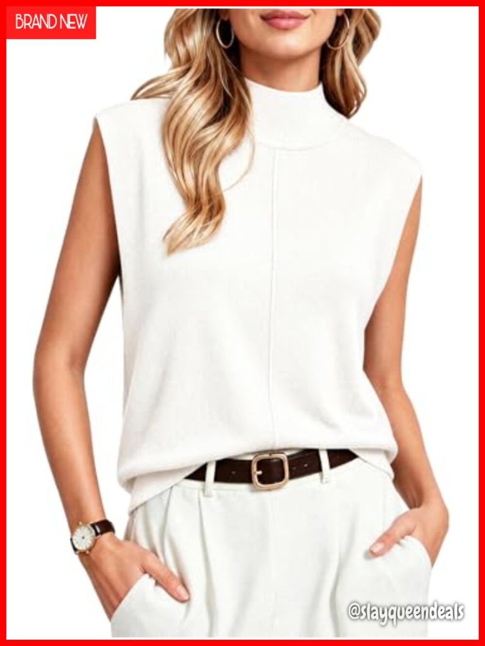 Merino Wool Blend Sleeveless Mock Turtleneck Knit Top